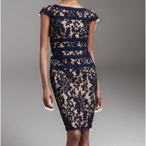 Tadashi Shoji Dress Womens 14 Navy Tan Floral Lace Overlay Banded Sheath 3K915M